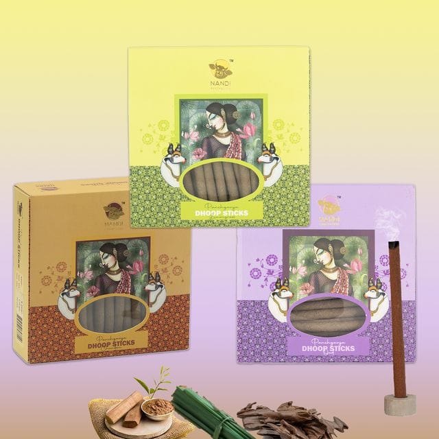 Nandi Panchgavya 100 Percent Cow Dung Dhoop Sticks for Pooja (Chandan, Lemongrass, Oud Fragrance -Pack of 3,150 Sticks)