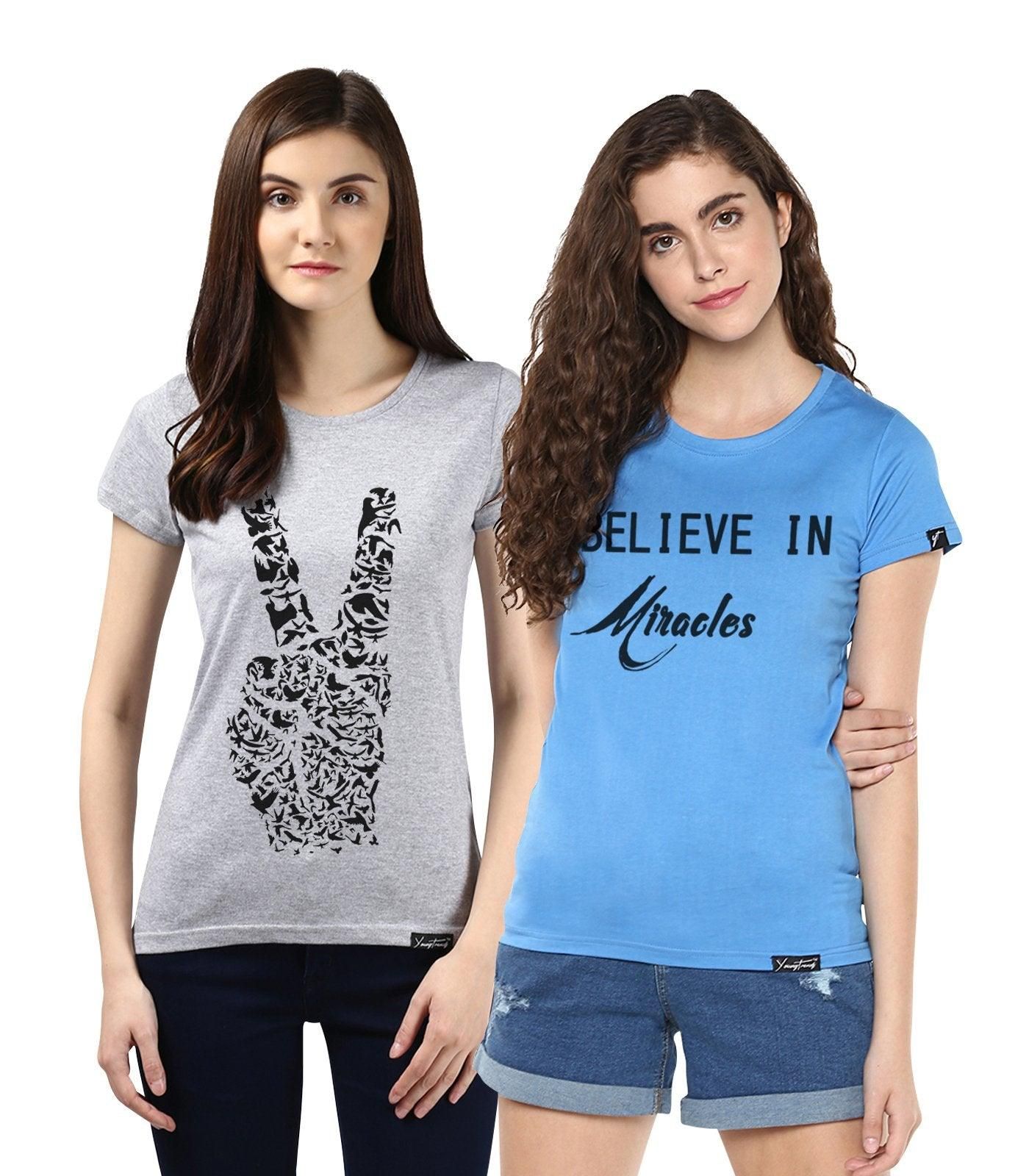 Young Trendz Womens Combo Half Sleeve  Peace Printed Grey Color and Miracle Printed Skyblue Color Tshirts-Grey/Skyblue / Small / 100% Bio Wash Cotton