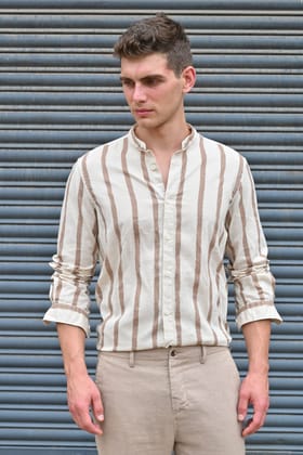 Billie - Striped Shirt With Mao Collar - Brown-S-38 / BROWN