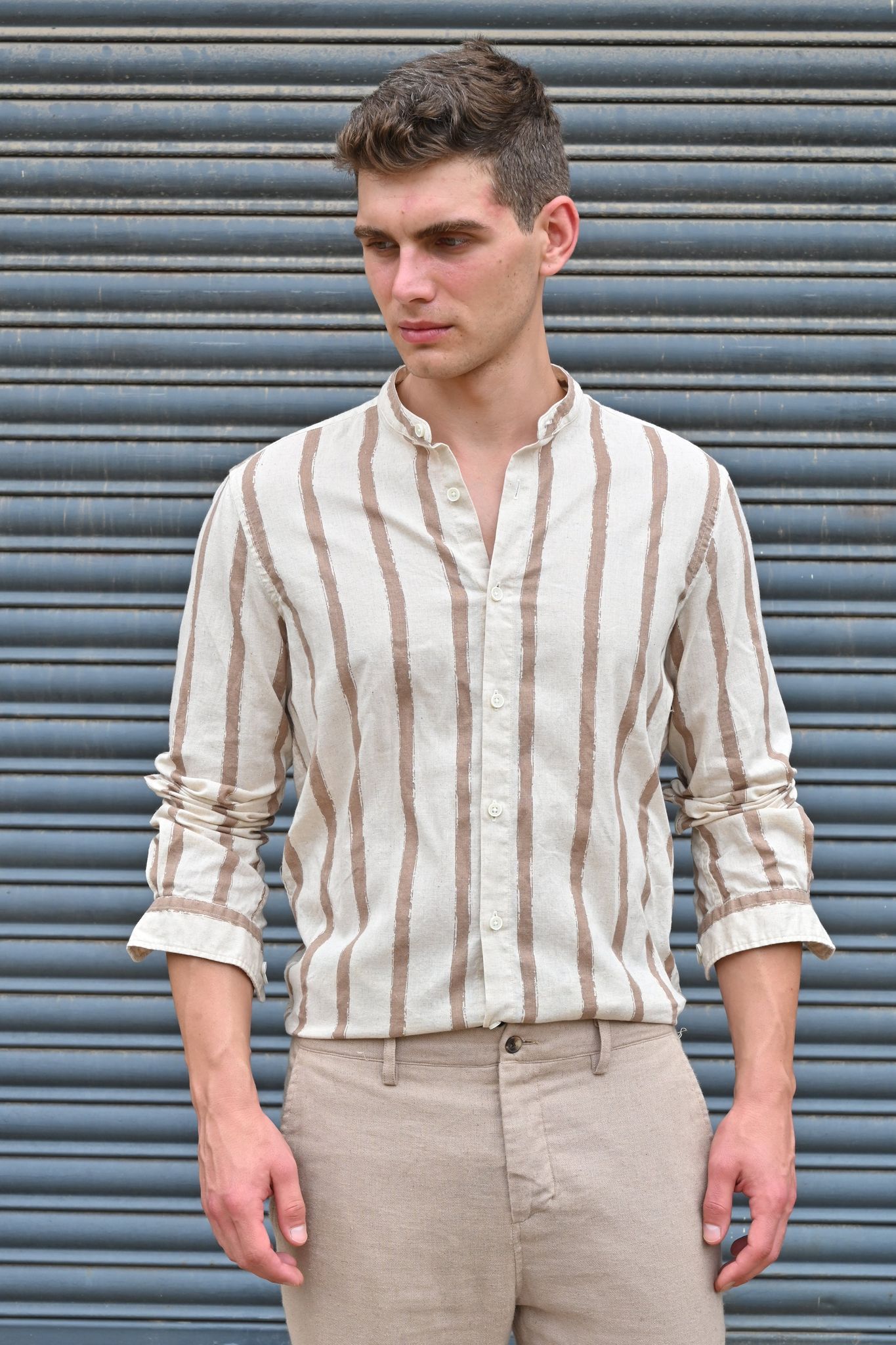 Billie - Striped Shirt With Mao Collar - Brown-S-38 / BROWN