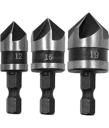 3Pcs Countersink Chamfer Drill Bit Set, 5 Flute 90 Degree Chamfering Countersink Bits with 1/4Inch Hex Shank, 12mm 16mm 19mm