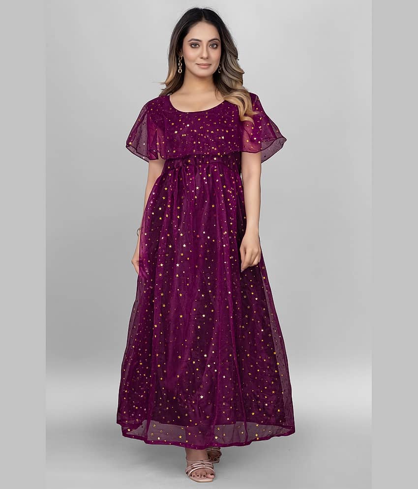 Aika Women Net Flared Stitched Ethnic Gown ( Purple )
