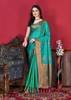 Yavira silk Women's Green Handwoven Cotton Blend Saree