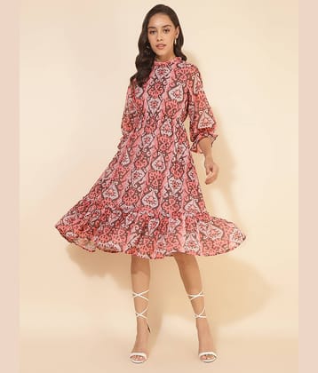 Janasya Women Georgette Printed Fit & Flare Dress ( Peach )