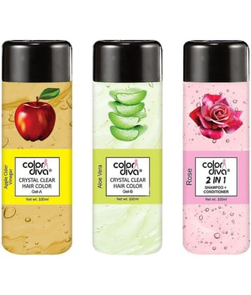 Color Diva Crystal Clear Gel Hair Color Brown (Apple-AloeVera) with Rose Shampoo (Pack of 3), 300ml