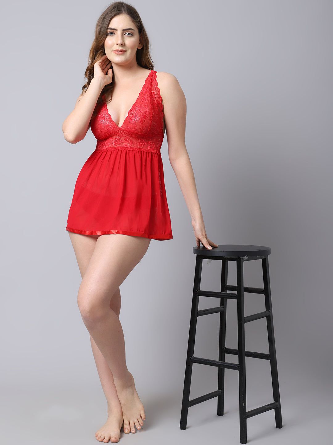Babydoll Lacy Net V-Neck Dress - Red-XL / Red