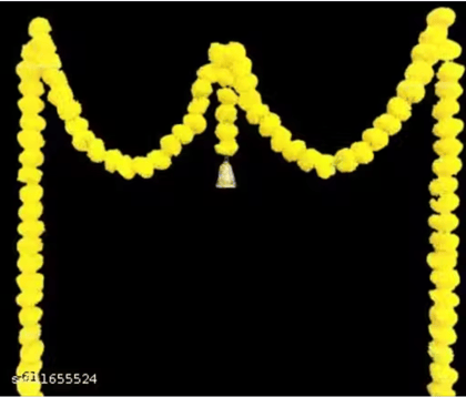 Artificial Marigold Fluffy Flowers Single line Door toran Set/Door hangings (Approx 100 x 152 cms) - (Yellow)