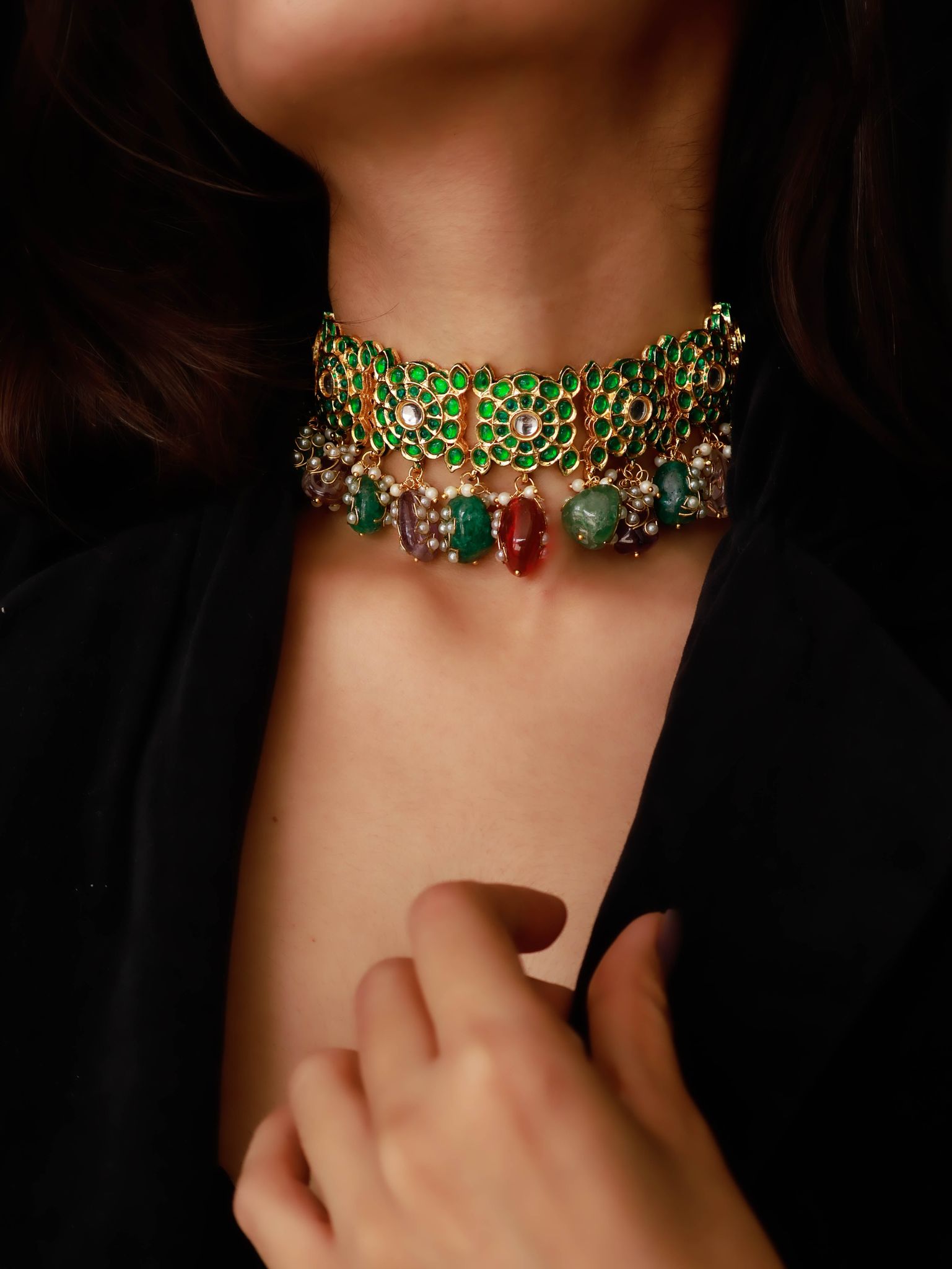 Nijaal Multicolored Kundan Choker Necklace-Multicolored