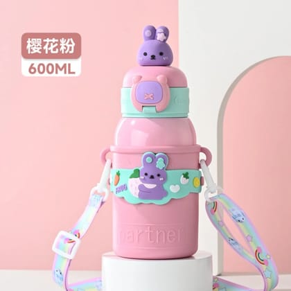 Little Station Kuggi Stainless Steel Water Bottles, 500 ML Insulated Double Wall Water Bottle With Trendy Strap Perfect For School (Pink)