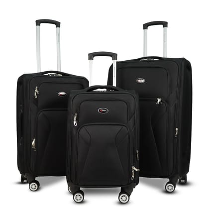 AMERICAN TRAVELLER Touris Bite 3-Piece Softside Trolley Luggage Set, 360 Spinner Wheels, Telescopic Handle, Front Pockets, Twill Fabric, Black, Navy Blue, Brown (3, Black, S,M,L)