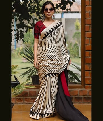 Yashika Silk Blend Printed Regular Saree With Unstitched Blouse Piece ( Cream )