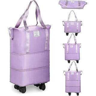 Convertible Travel Duffle Bag with Wheels Purple Waterproof Nylon Foldable Expandable Lightweight Detachable Wheels 50L Capacity
