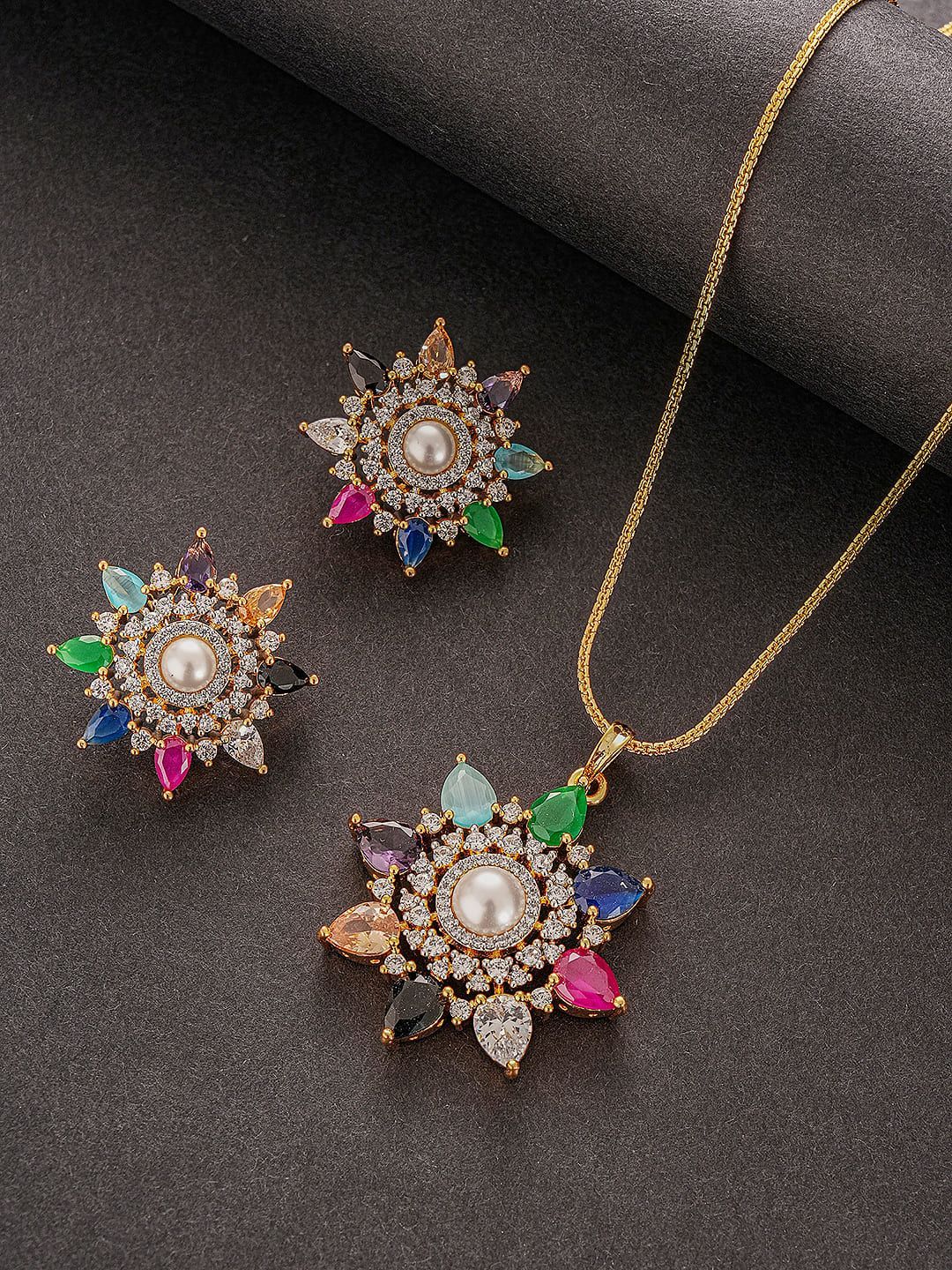 Gold Plated Nav Ratna  Cubic Zirconia Stones Studded Star Shaped Pendant Jewellery Set
