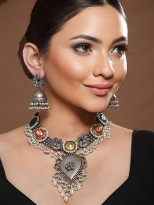 Silver Toned Oxidised Pearl Beaded Fusion Choker Jewellery Set