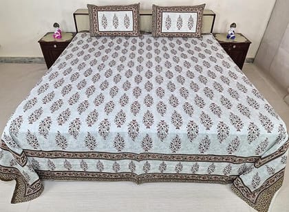 Cotton Bedsheet Set with Pillow Covers, Floral Pattern, Brown and White folower on Gold Touch Color, Super King Size 9 Feet X 9 Feet.