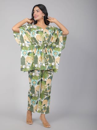 Peacock on Branch Print on Green Cotton Kaftan Top Pant Set-S