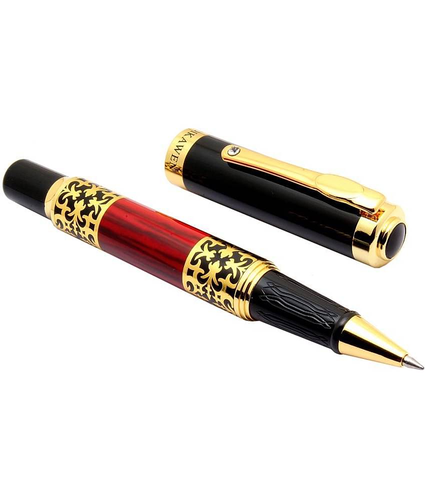 Srpc Dikawen Royal Red Wood Textured Metal Body Golden Trims Blue Ink Refill Roller Ball Pen