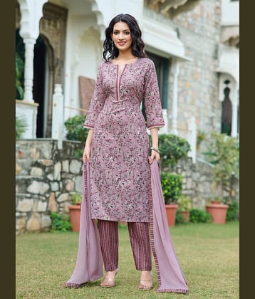 VIBE VISION Silk Blend Printed Kurti With Pants Women's Stitched Salwar Suit - Lavender ( Pack of 1 )