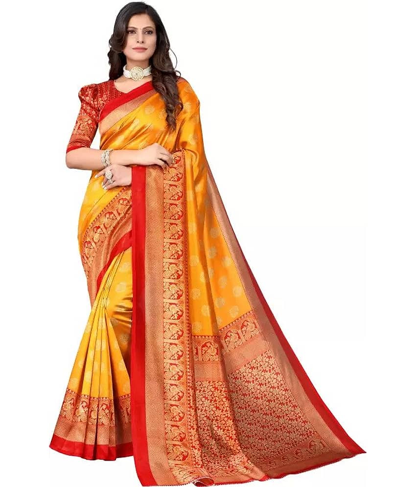 Kanooda Prints Art Silk Printed Saree With Unstitched Blouse Piece ( Yellow )