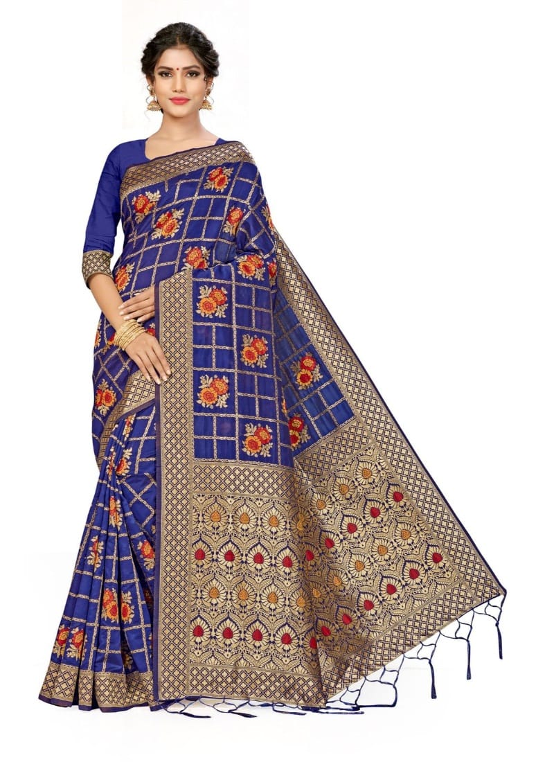 Generic Women's Banarasi Silk Saree (Navy Blue, 5 - 6 Mtrs)