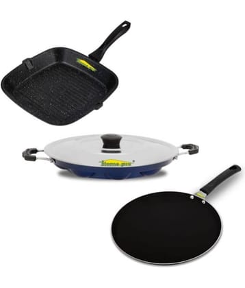 HomePro Non-Stick Set, Grill Pan 26 cm, Black Dosa Tawa 28 cm, Blue Appam with Steel Lid 12 Cavity (Pack of 3)