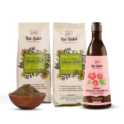 Nat Habit Fresh Ready-To-Apply Henna Paste & Five Oil Hibiscus Shampoo for Long Thick Hair, Hair Growth & Conditioning With Rich Dark Brown Color (Pack of 2x220g and 250ml) Nat Habit Fresh Ready-To-Apply Henna Paste & Five Oil Hibiscus Shampoo for Long T