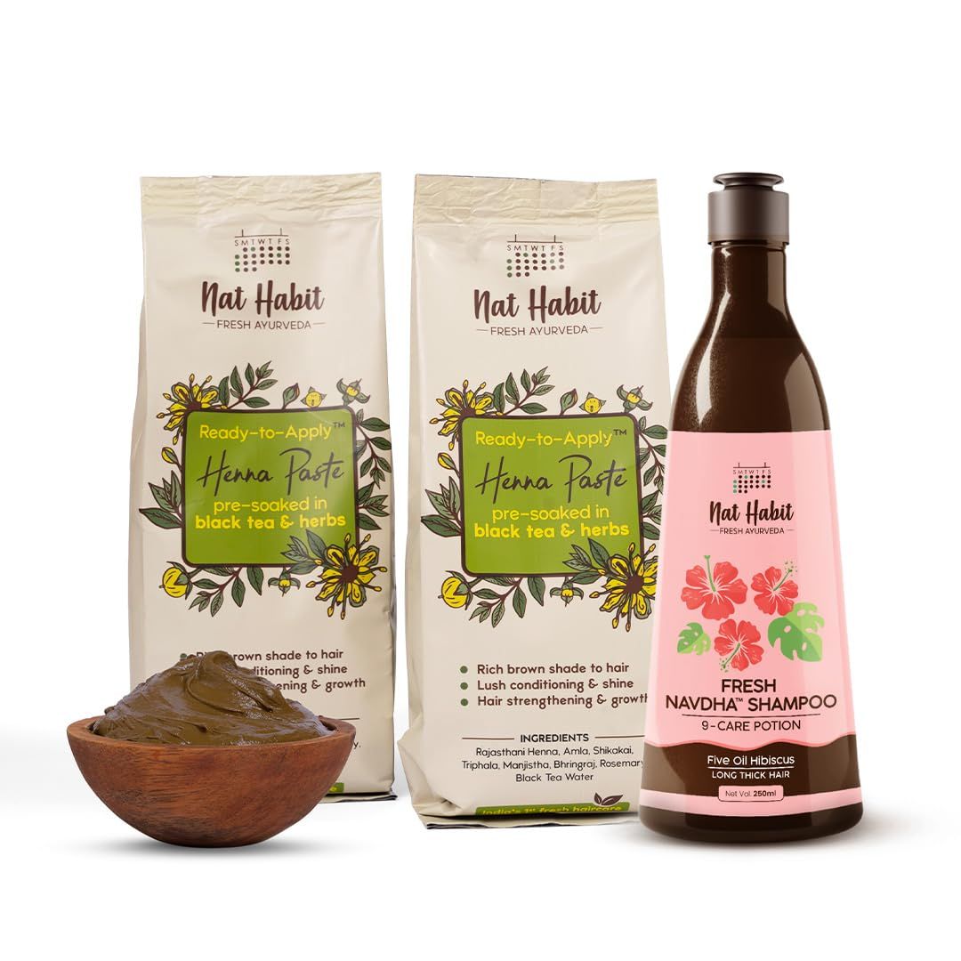 Nat Habit Fresh Ready-To-Apply Henna Paste & Five Oil Hibiscus Shampoo for Long Thick Hair, Hair Growth & Conditioning With Rich Dark Brown Color (Pack of 2x220g and 250ml) Nat Habit Fresh Ready-To-Apply Henna Paste & Five Oil Hibiscus Shampoo for Long T