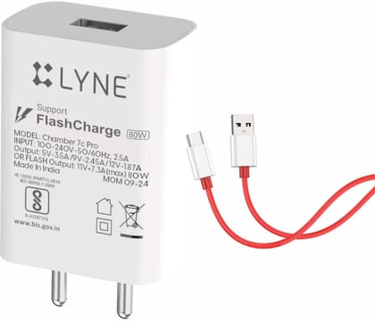 LYNE By U&I 80 W Quick Charge 7 A Wall Charger for Mobile with Detachable Cable  (White, Cable Included)