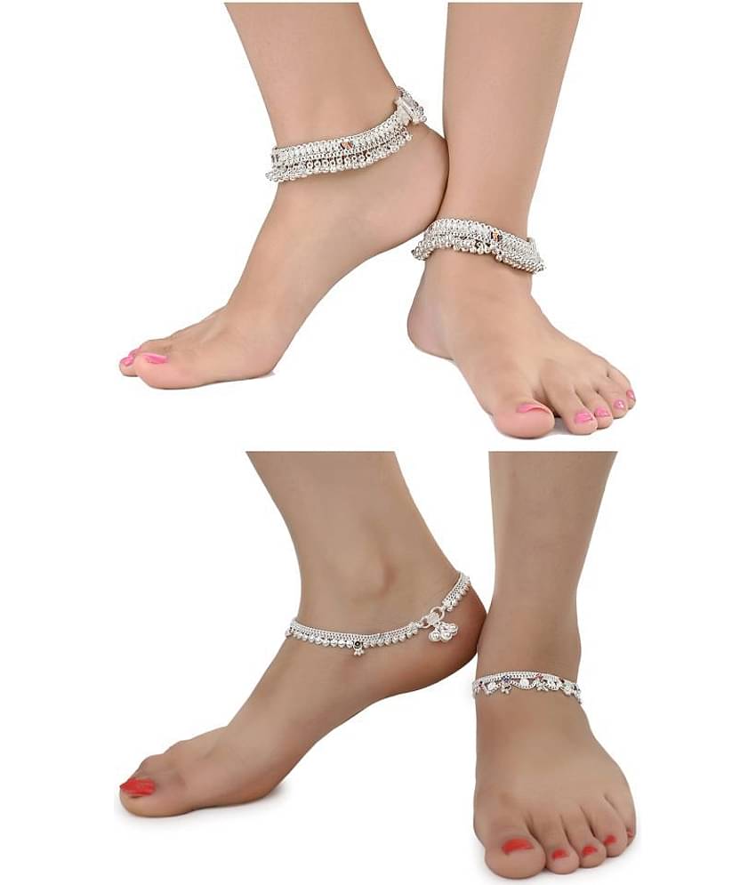 AanyaCentric Combo of 2 Pair Silver Plated White Metal Indian Traditional Ethnic Payal Anklets