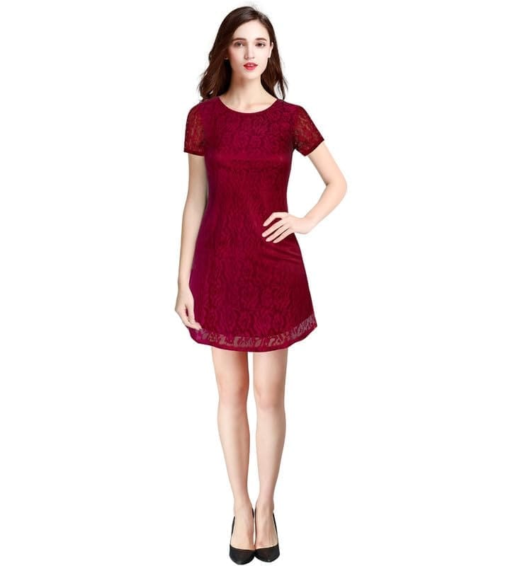 Women's Rasal Solid Round Neck Cap Sleeve Dresses (Maroon, S)-PID56845