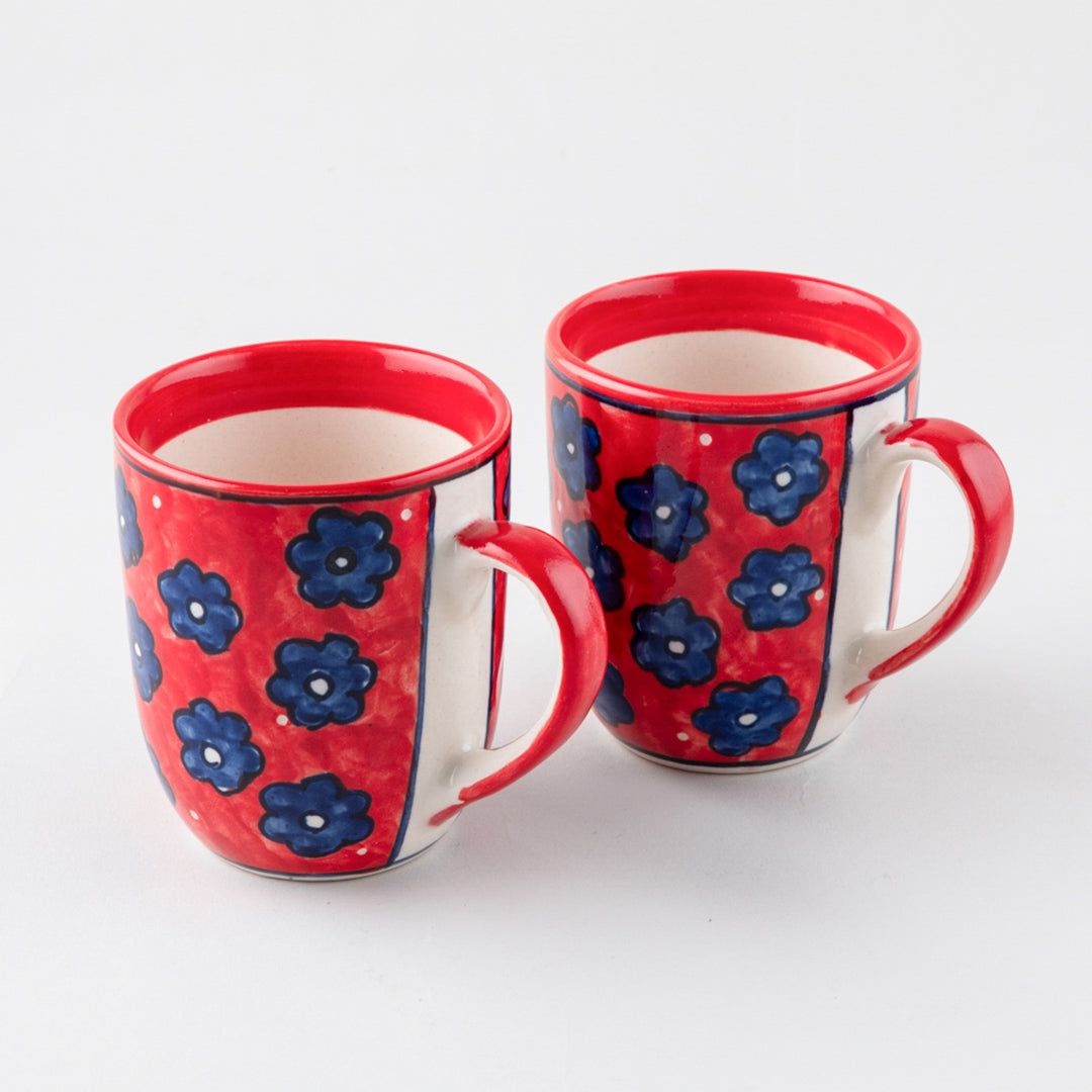Red Floral Ceramic Coffee Mug - Set of 2 (3 x 3.75 inches)-3 inches (Upper diameter) x 3.75 inches (Height) / Red / Blue / Ceramic