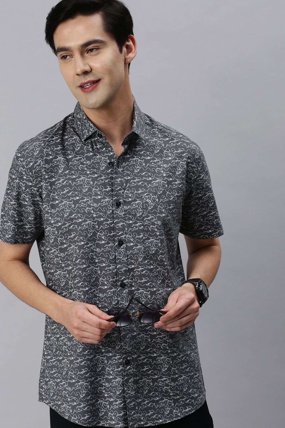 Classic Polo Men's Cotton Half Sleeve Printed Slim Fit Polo Neck Grey Color Woven Shirt | So1-148 B