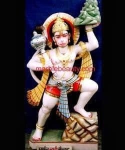Hand-Painted Standing Hanuman Marble Statue with Gandhamadana Mountain