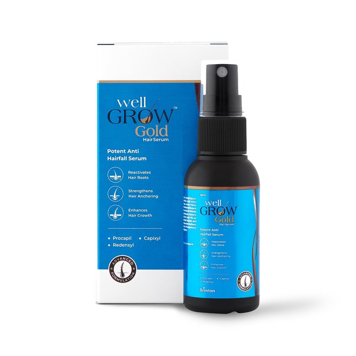 Brinton WellGrow Gold Hair Serum with 3% Redensyl, 5% Capixyl & 2% Procapil | Lightweight, Non-Greasy Formula | Supports Hair Regrowth, Control Hair Fall | For Men & Women | 30 ml Brinton WellGrow Gold Hair Serum with 3% Redensyl, 5% Capixyl & 2% Procapi