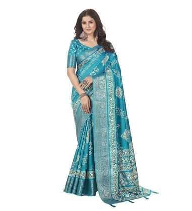 Women's Cotton Silk Printed Saree With Unstitched Blouse 5.5Mtr (Teal)-PID66679 Women's Cotton Silk Printed Saree With Unstitched Blouse 5.5Mtr (Teal)-PID66679