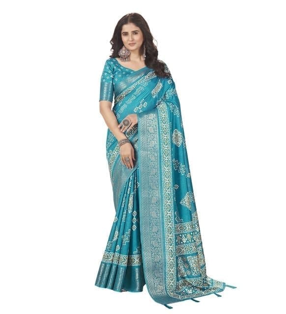 Women's Cotton Silk Printed Saree With Unstitched Blouse 5.5Mtr (Teal)-PID66679
