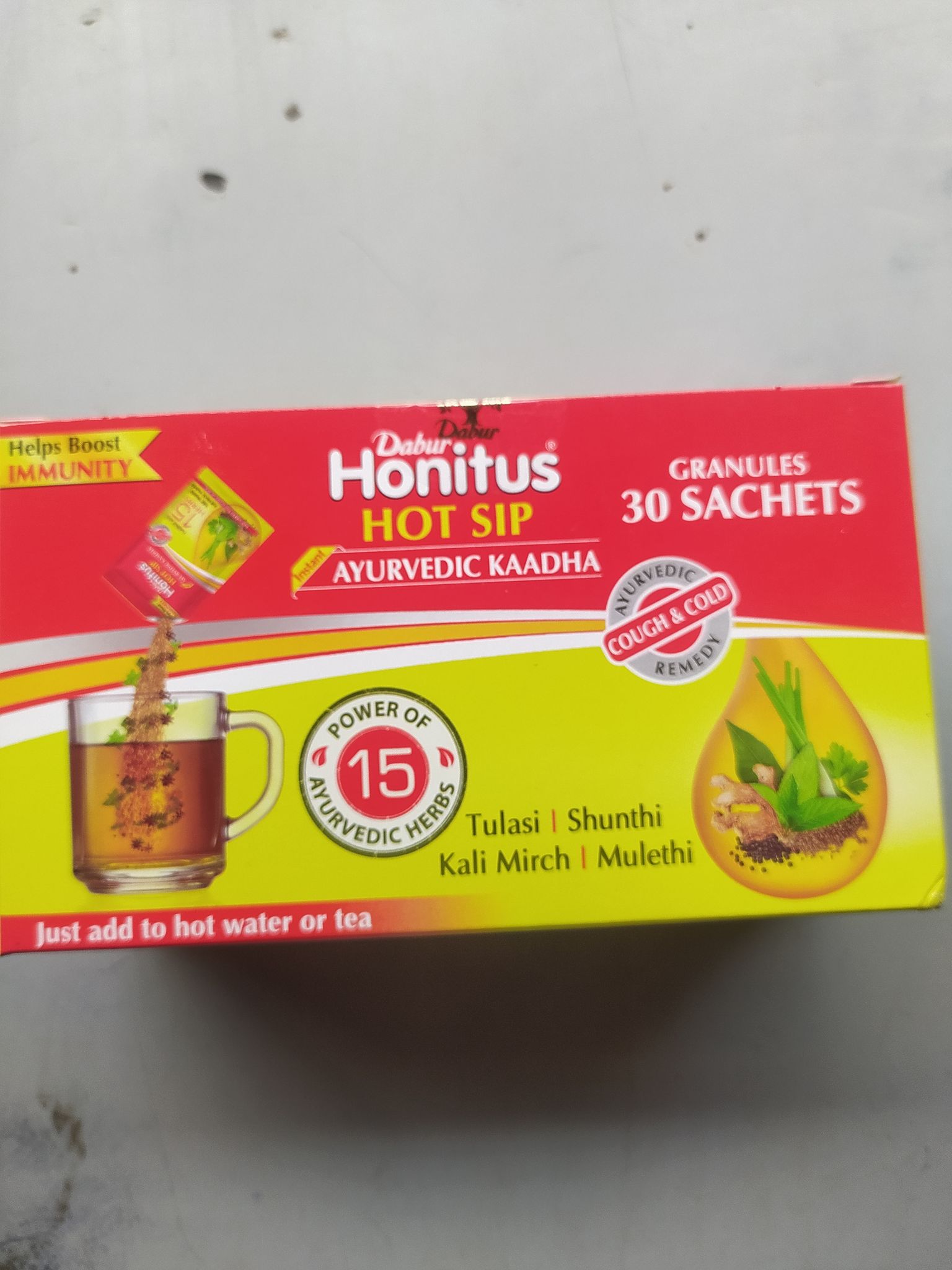 Dabur Honitus Hot sip Ayurvedic kaadha Power of 15 Ayurved Just add to hot water or tea Herbs Granules 30 sachets 