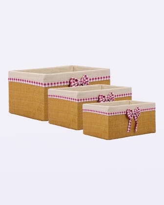 Fabric Basket, for Home Storage, Gingham Print Ribbon, Natural Colour, Paper &Fabric, Set of 3