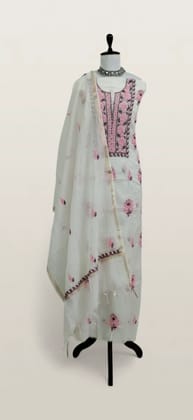 Chikankari Mul Chanderi Dress Material Off White Pink Floral
