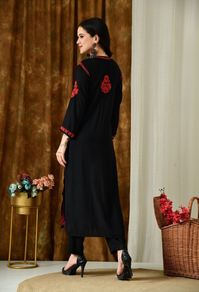 Black Kurta with Intricate Chikankari Work - Red