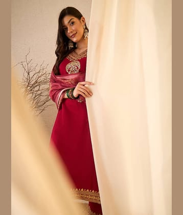 Royal Export Women Silk Blend Embroidered Straight Kurti With Pants ( Maroon )