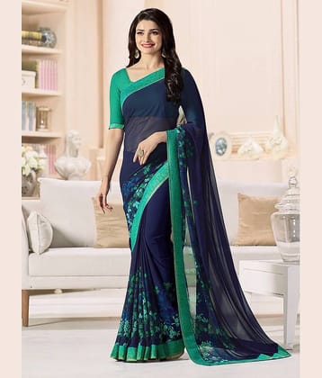 Gazal Fashions Silk Blend Printed Saree With Unstitched Blouse Piece ( Blue )