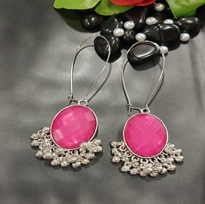 Antique Silver Plated Oval Shaped Pink Coloured Stone Long H