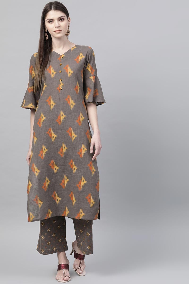 Taupe Cotton Abstract Print Kurta Set VKSET1003