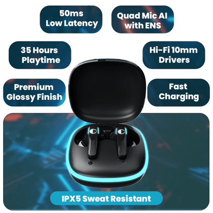 Cellecor BroPods C103 PLAY Quad Mic TWS |35H Playtime, ENC, 5.3v, 50ms Low Latency Gaming Bluetooth-black