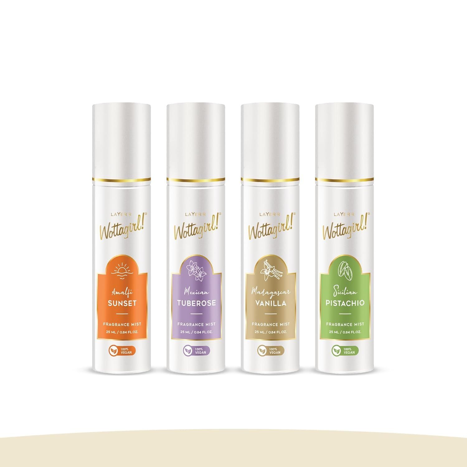 Layerr Wottagirl Fragrance Mist Combo Pack of 4 (25ml Each) 100% Vegan Amalfi Sunset, Sicilian Pistachio, Madagascar Vanilla & Mexican Tuberose Long-Lasting Fragrance Mist for Women Layerr Wottagirl Fragrance Mist Combo Pack of 4 (25ml Each) 100% Vegan A