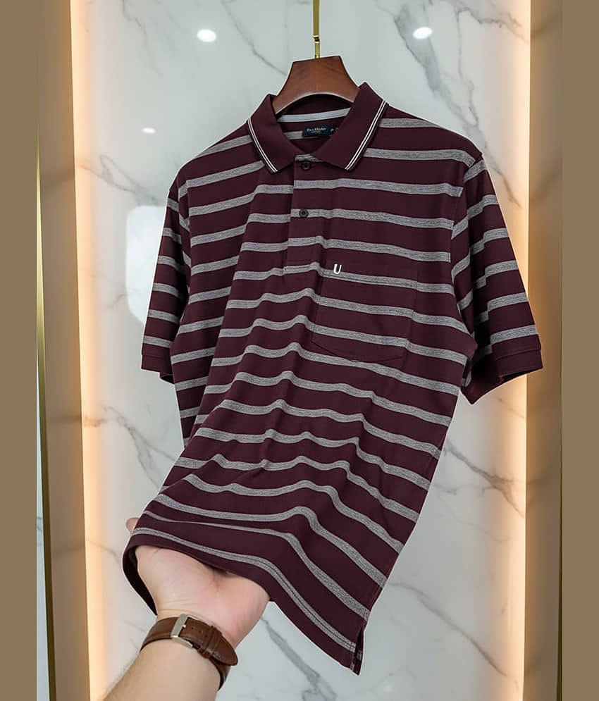 UNIBERRY Men Cotton Blend Regular Fit Striped Polo T Shirt ( Wine )