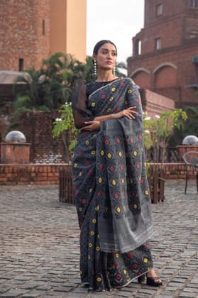 Black Linen Cotton Slab Weaving Banarasi Silk Saree