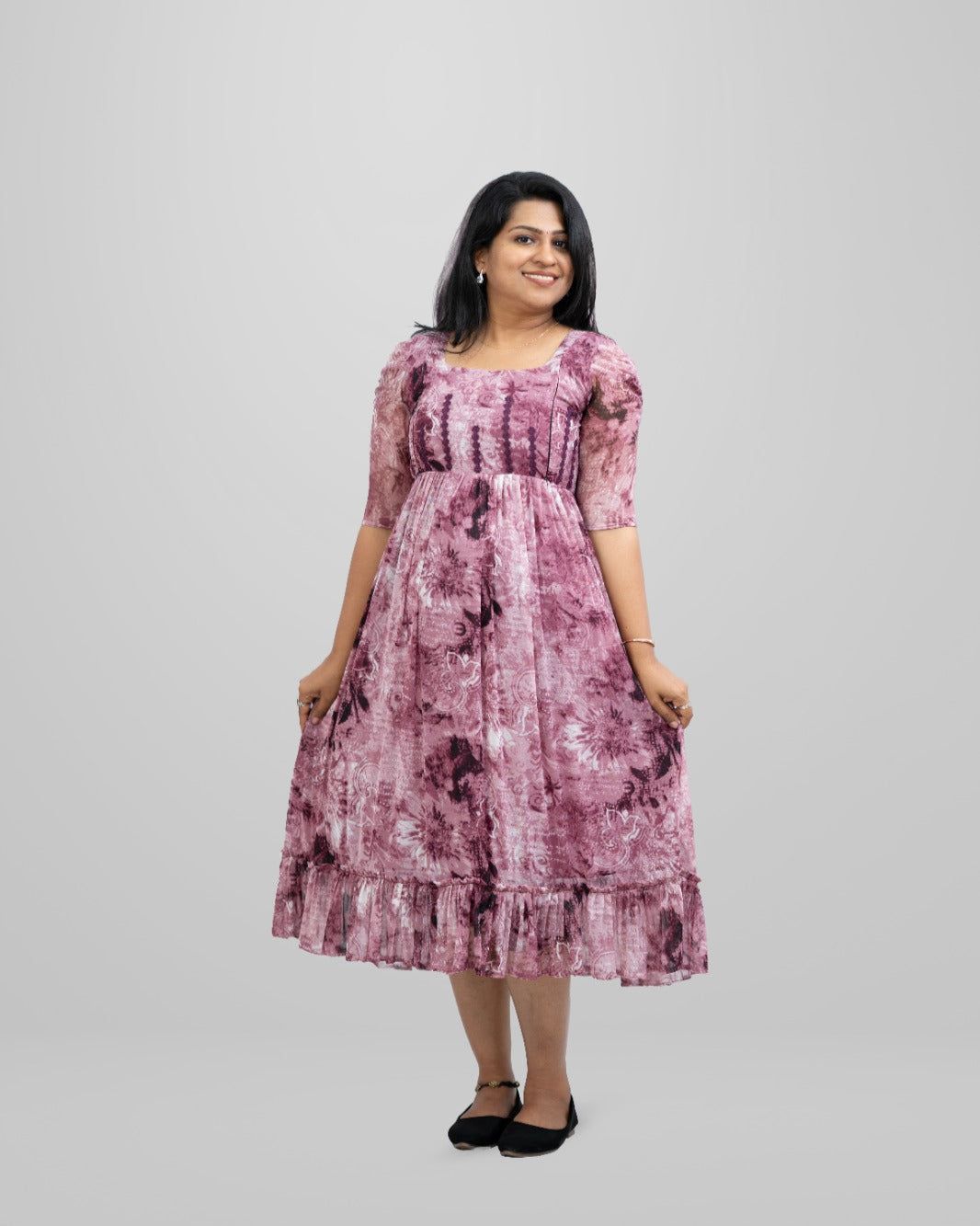 Multi Shade Purple Soft Net Dress with Designer Sleeves - Short Sleeve