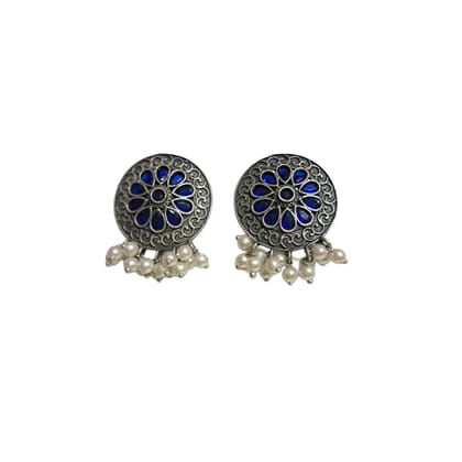Anvaya Collections Vintage Style Blue Stone Earrings with Pearl Drops, Oxidised Silver Finish